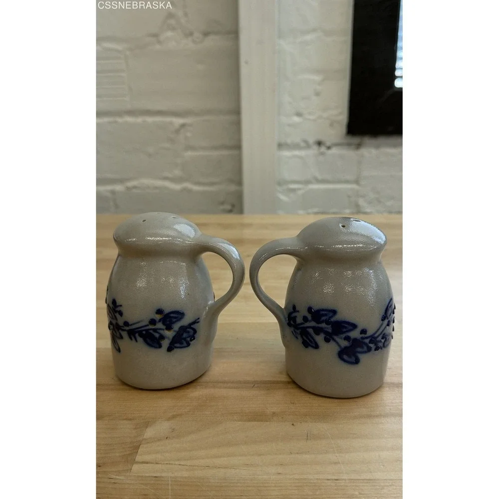 Vintage Salt Glaze Stoneware Salt and Pepper Shakers Blue Floral 2 Piece Set